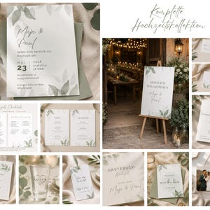 May include: A wedding stationery collection featuring white paper with sage green watercolour leaf accents. Items include invitations, menus, welcome signs, guest books, and thank you cards with black serif and script text for Maja and Paul.