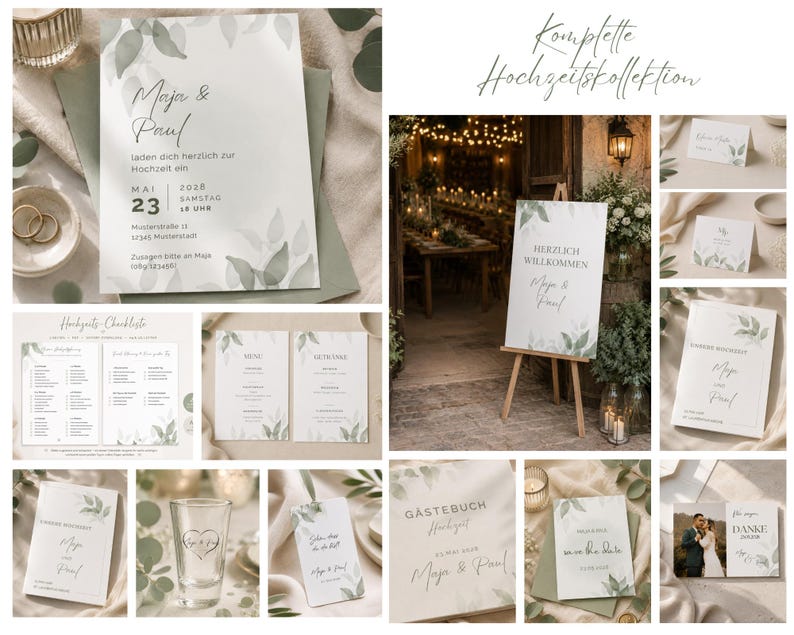 May include: A wedding stationery collection featuring white paper with sage green watercolour leaf accents. Items include invitations, menus, welcome signs, guest books, and thank you cards with black serif and script text for Maja and Paul.