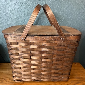 Vintage Oak Picnic Basket with Tray and Utensil Holder