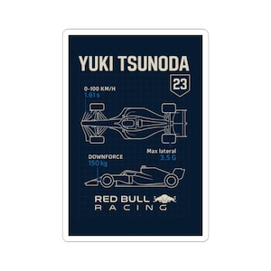 Puede incluir: Una ilustración azul y blanca de un coche de Fórmula 1 con el texto "YUKI TSUNODA" y "RED BULL RACING". El número del coche es 23. La ilustración incluye el tiempo del coche de 0 a 100 km/h, la fuerza de apoyo y la fuerza lateral máxima.