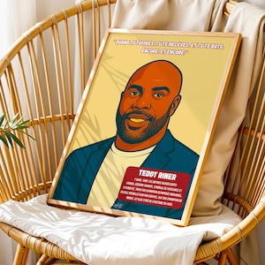 Peut inclure: Un portrait encadré de Teddy Riner, avec une illustration stylisée d'un homme barbu portant un blazer bleu. L'œuvre d'art comprend du texte en français et est exposée sur une chaise en osier.