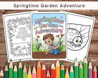 Spring Garden Coloring Book: Kids Planting, Bees (Printable PDF)