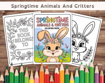 May include: A black and white coloring book cover featuring a bunny rabbit with a flower crown. The cover text reads "Springtime Animals & Critters Coloring Book".