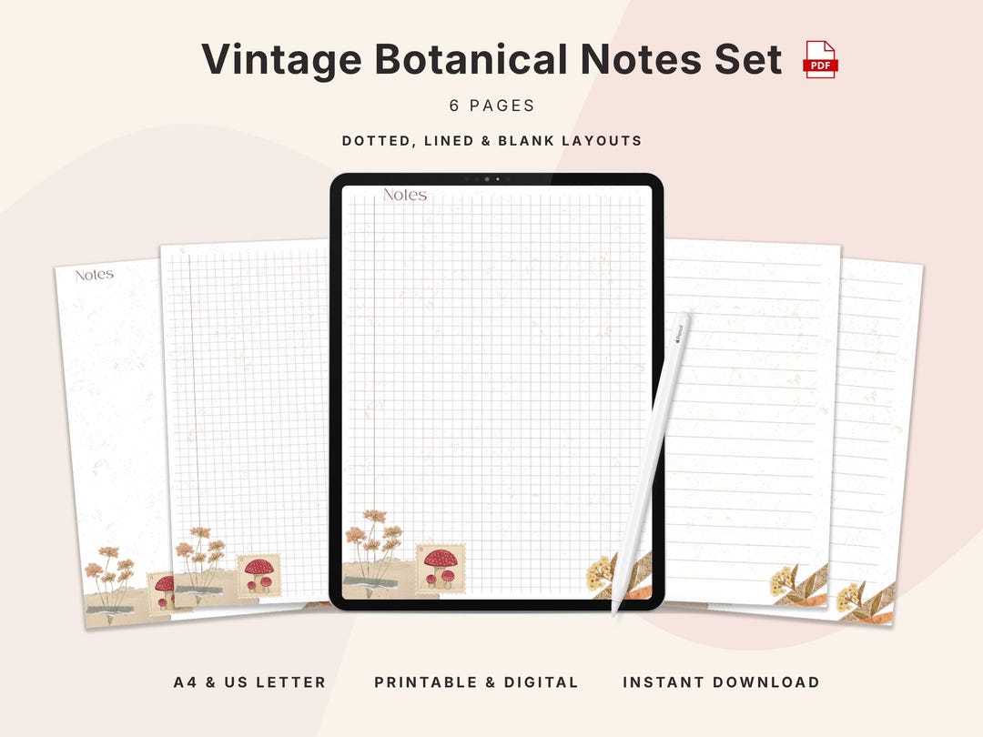 Vintage Botanical Note Pages, Dried Flower Digital Paper, Cottagecore ...