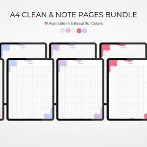 Może przedstawiać: Cyfrowy pakiet czystych i notatkowych stron A4, dostępny w pięciu kolorach. Obraz przedstawia kilka tabletów cyfrowych z białym papierem w kratkę i kolorowymi akcentami. Tekst "A4 Clean & Note Pages Bundle" znajduje się na górze.