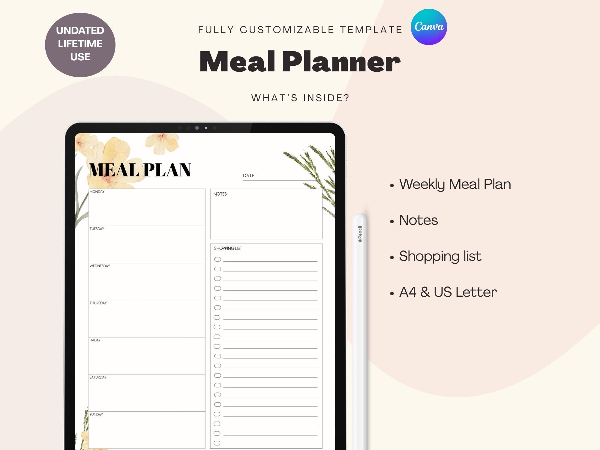 Floral Weekly Meal Planner: Printable Menu Template & Grocery List (PDF ...