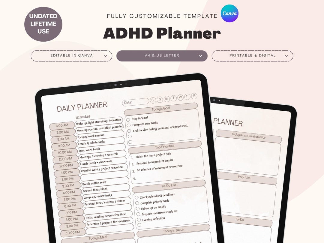 ADHD Planner Canva Editable Template, Neurodivergent Daily Planner ...
