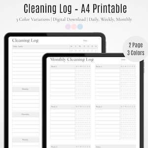 May include: Digital cleaning log printable in A4 size. The image shows two tablets displaying a cleaning log with daily, weekly, and monthly sections. The text indicates 3 color variations and a digital download option.
