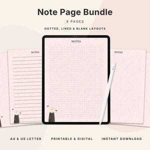Puede incluir: Un paquete de páginas de notas digitales con 8 páginas, que incluyen diseños punteados, rayados y en blanco. Las páginas son rosas con un diseño de cuadrícula o rayado. El texto "NOTES" está en la parte superior de cada página. Un lápiz óptico blanco y una tableta también están en la imagen.