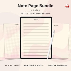 Paquete de hojas de notas con diseño de ondas en tonos pastel, papel en blanco con cuadrícula y puntos (descarga digital)