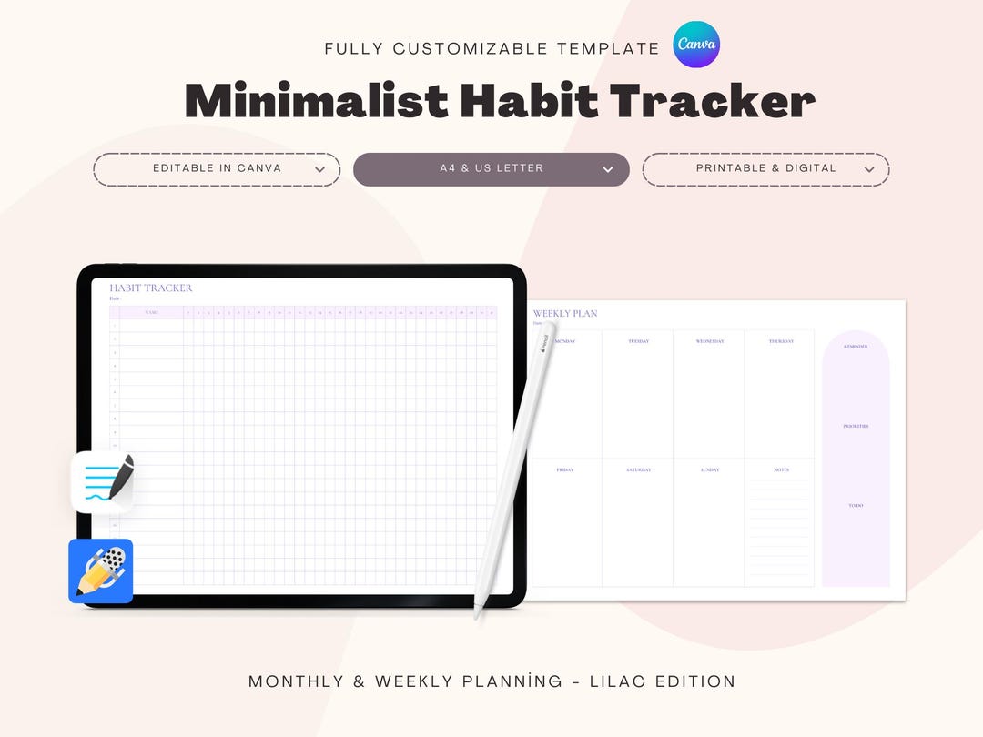 Lilac Habit Tracker & Weekly Planner: Minimalist Printable (A4/US ...