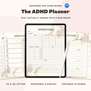 May include: A digital planner for ADHD minds, featuring a tablet with a Pomodoro planner, workout planner, and study planner. The text reads "The ADHD Planner that actually works with your brain." Includes A4 & US Letter sizes, printable & digital, and editable in Canva.