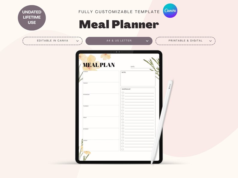Floral Weekly Meal Planner: Printable Menu Template & Grocery List (PDF ...