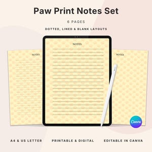 Puede incluir: Un conjunto de notas digitales con estampado de huellas de pata, con 6 páginas, incluyendo diseños punteados, rayados y en blanco. Las notas tienen un patrón de huellas de pata y el texto "NOTES". Disponible en tamaños A4 y US Letter, imprimible y digital, editable en Canva.