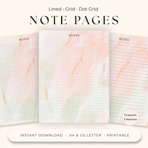 Op de afbeelding: Drie printbare notitiepagina's met een zachte aquarelwas in perzik- en groentinten. De lay-outs bevatten raster-, puntjesraster- en gelinieerde formaten, elk gelabeld met het woord NOTES. Tekst bevat Lined, Grid, Dot Grid, Note Pages, 3 Layouts, 2 Versions, Instant Download, A4 & US Letter, Printable.