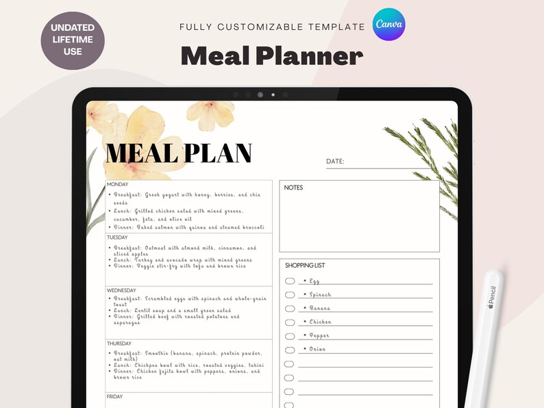 Floral Weekly Meal Planner: Printable Menu Template & Grocery List (PDF ...