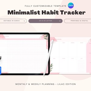 Planificador semanal y registro de hábitos minimalista rosa (PDF imprimible, A4/Carta estadounidense)