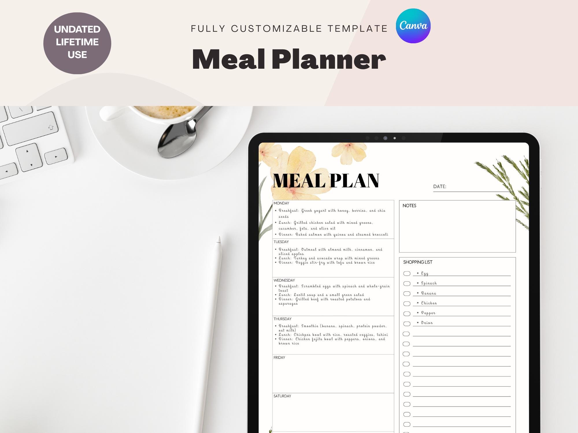 Floral Weekly Meal Planner: Printable Menu Template & Grocery List (PDF ...