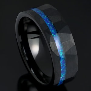 Tungsten Ring: Black Accents, Blue Opal Inlay, Geometric Design