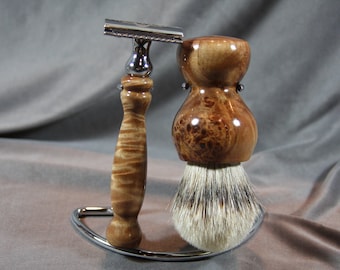 Maple Burl Wood Shaving Kit Razor and Brush Wedding Groom Gift Groomsmen Graduation Gift Father's Day Gift Wooden Razor