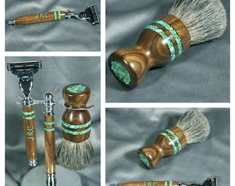 Walnut Guy's scheerset scheermes borstel dassenhaar hout steampunk zilvertip geschenken verjaardag groomsmen gepersonaliseerde Gillette Mach3 CUSTOM ORDER