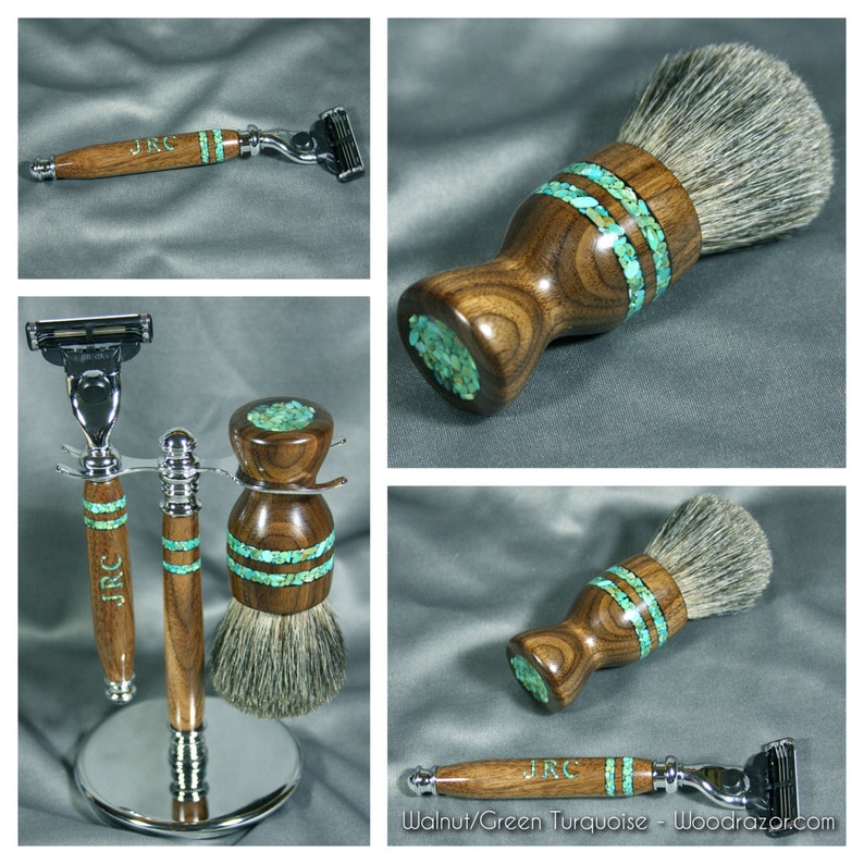 Walnut Guy's Shaving Kit Razor Brush Badger Hair Wood Steampunk
