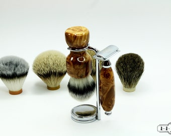 Maple Burl Wood Shaving Kit Razor and Brush Wedding Groom Gift Groomsmen Graduation Gift Father&#39;s Day Gift Wooden Razor Ready2Ship