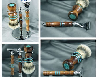 Hawaiian Koa Men's shaving kit razor brush badger hair handcrafted men gifts father's day birthday groom gift Gillette Mach3 CUSTOM ORDER
