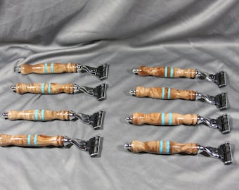 Groomsmen shaving set gifts razor  Men's wedding favors Mach3 Gillette handmade wooden turquoise blue steampunk fall wedding Custom Order