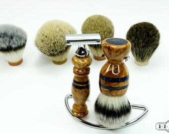 Birdseye Maple Navy Blue Lapis  Shaving Set Gillette DE Mach3 razor brush badger hair handcrafted men father&#39;s birthday groom Ready2Ship