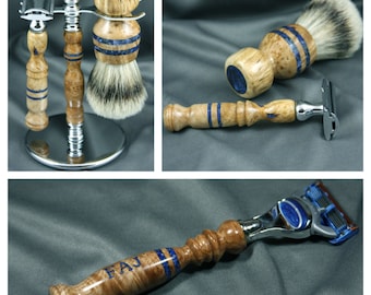Birdseye Maple Men&#39;s shaving kit razor brush badger hair handcrafted men gifts father&#39;s day birthday groom gift Gillette Mach3 CUSTOM ORDER