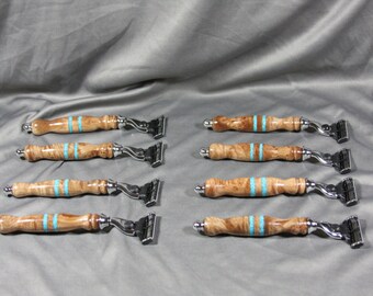 Groomsmen shaving set razor Men's wedding favors Mach3 Gillette Birds eye maple turquoise beach wedding turquoise wedding Custom Order
