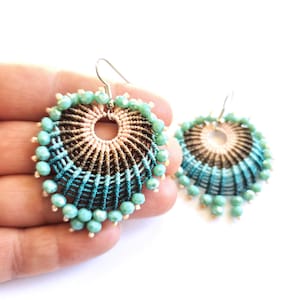 Peacock Tail Macrame Earrings, Turquoise and Brown Earrings, Drop Earrings, Italian Macramé Jewelry, Women's Gift