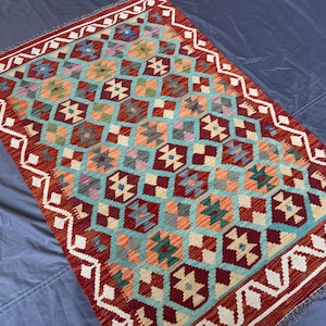 100x150 Handgeknüpfter afghanischer Chobi Kelim Teppich | Authentisches Tribal Flachgewebe | Bio-Pflanzlich gefärbte Wolle | Handgefertigter Geometrischer Akzent Teppich