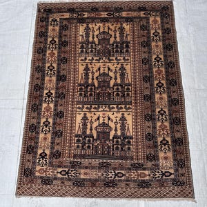 手織りアンティーク ヘラティ アラ・ホージャ祈祷用絨毯 – 4.3×5.7フィート、上質なウール