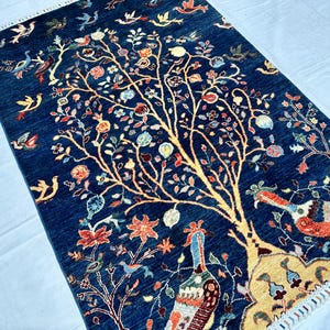 4 x 6 levensboom Oushak-tapijt - handgeknoopt blauw wollen tapijt voor woonkamer, eetkameraccent, botanische slaapkamer, grillige kinderkamerfoyer