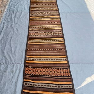 2.5x11 Afghan Kilim Runner - Vintage Striped Wool Rug - Handwoven Tribal Hallway Carpet - Earthy Brown Orange Boho Kitchen Runner Rug