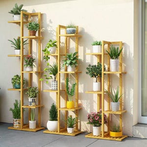 May include: Three wooden plant stands with multiple shelves, each holding various potted plants. The stands are made of light-colored wood and are arranged against a neutral-colored wall. The plants include a variety of green foliage and colorful flowers.