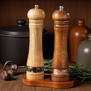 May include: Two wooden salt and pepper grinders with a light wood finish and a darker wood finish, each with a silver top. The grinders sit in a wooden tray, with a glass section showing the contents. The background includes a black pot and brown ceramic containers.