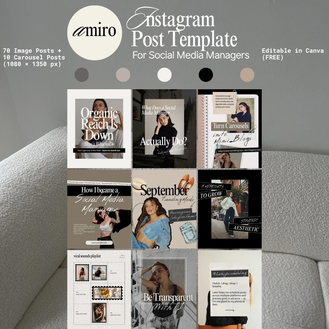 80 Beige Instagram Post Templates: Social Media Manager Kit, Neutral ...