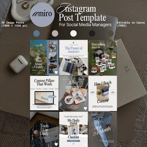 Könnte beinhalten: Eine Instagram-Post-Vorlage für Social-Media-Manager mit 30 Bildbeiträgen (1080 x 1350 px). Die Vorlage enthält verschiedene Layouts mit Text wie "The Truth About Virality" und "My Daily SMM Checklist". Bearbeitbar in Canva.