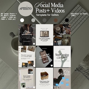 May include: A template for social media posts and videos, featuring a grid of nine sample posts with text overlays. The template includes 40 image posts and 20 short videos, editable in Canva. The color palette is neutral with beige and brown tones.