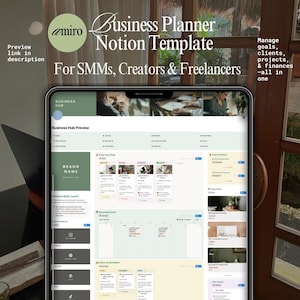 May include: A digital tablet displays a business planner Notion template. The screen shows a dashboard with sections for goals, clients, projects, and finances. Text on the screen includes "Business Planner Notion Template" and "For SMMs, Creators & Freelancers."