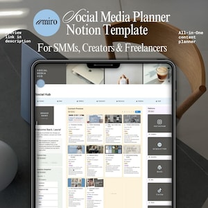 May include: A digital tablet displays a Social Media Planner Notion Template. The screen shows a content preview, social media hub, and platform options. Text includes "amiro", "Social Media Planner Notion Template", and "For SMMs, Creators & Freelancers."