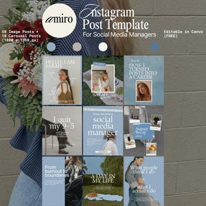 May include: Instagram post template in light blue and white, designed for social media managers. It includes 50 image posts and 10 carousel posts, editable in Canva. The template features various layouts with text and images, ideal for content creation.