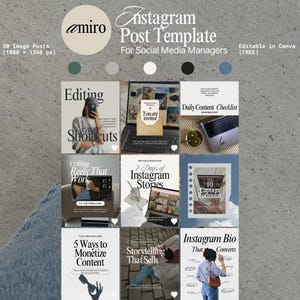 Może przedstawiać: Szablon postu na Instagram z dziewięcioma różnymi układami, każdy z nakładkami tekstowymi. Szablon zawiera tekst "Instagram Post Template" i "Editable in Canva (FREE)". Układy obejmują tematy takie jak "Editing Shortcuts" i "5 Ways to Monetize Content".