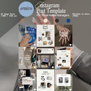 May include: An Instagram post template with a grid layout, featuring various design elements and text overlays. The template includes the text "Instagram Post Template" and "For Social Media Managers". The image is designed for 1080 x 1350 px posts.