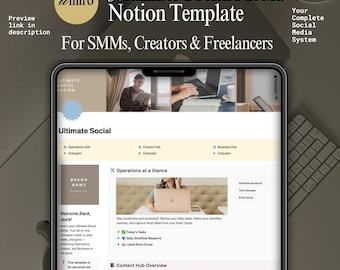 Plantilla de Notion Ultimate Social Media Planner para administradores, creadores y autónomos de redes sociales: contenido, flujo de trabajo y panel de control empresarial.