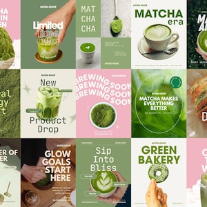 Könnte beinhalten: Eine Collage quadratischer Bilder mit Matcha-Produkten. Die Bilder zeigen Matcha-Getränke, Pulver und Backwaren. Der Text enthält "Matcha Heaven", "Natural Energy Boost", "Product Drop" und "Green Bakery".