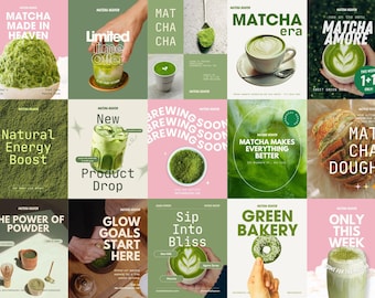 May include: A collage of square images featuring matcha-based products. The images include matcha drinks, powder, and baked goods. Text includes "Matcha Heaven", "Natural Energy Boost", "Product Drop", and "Green Bakery".
